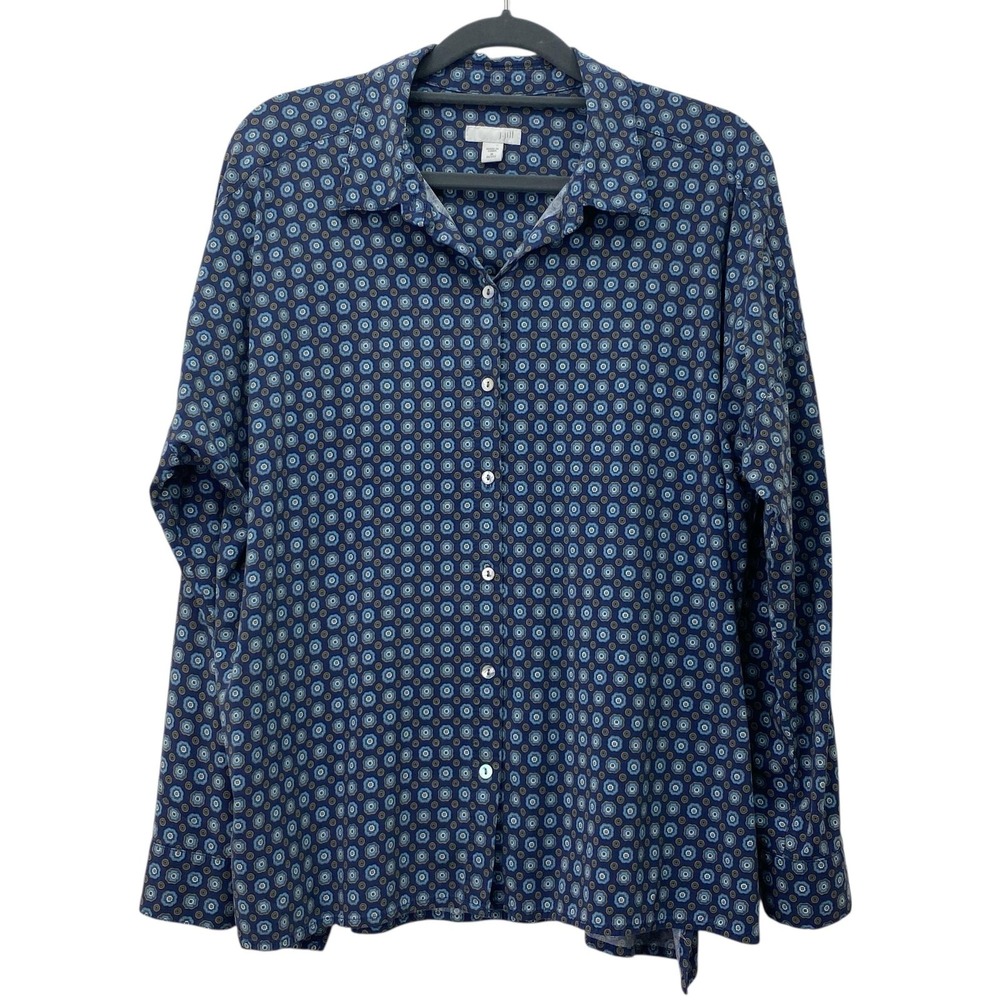 J. Jill Shirt Womens Medium Petite Blue Geometric Medallion Button Front Rayon